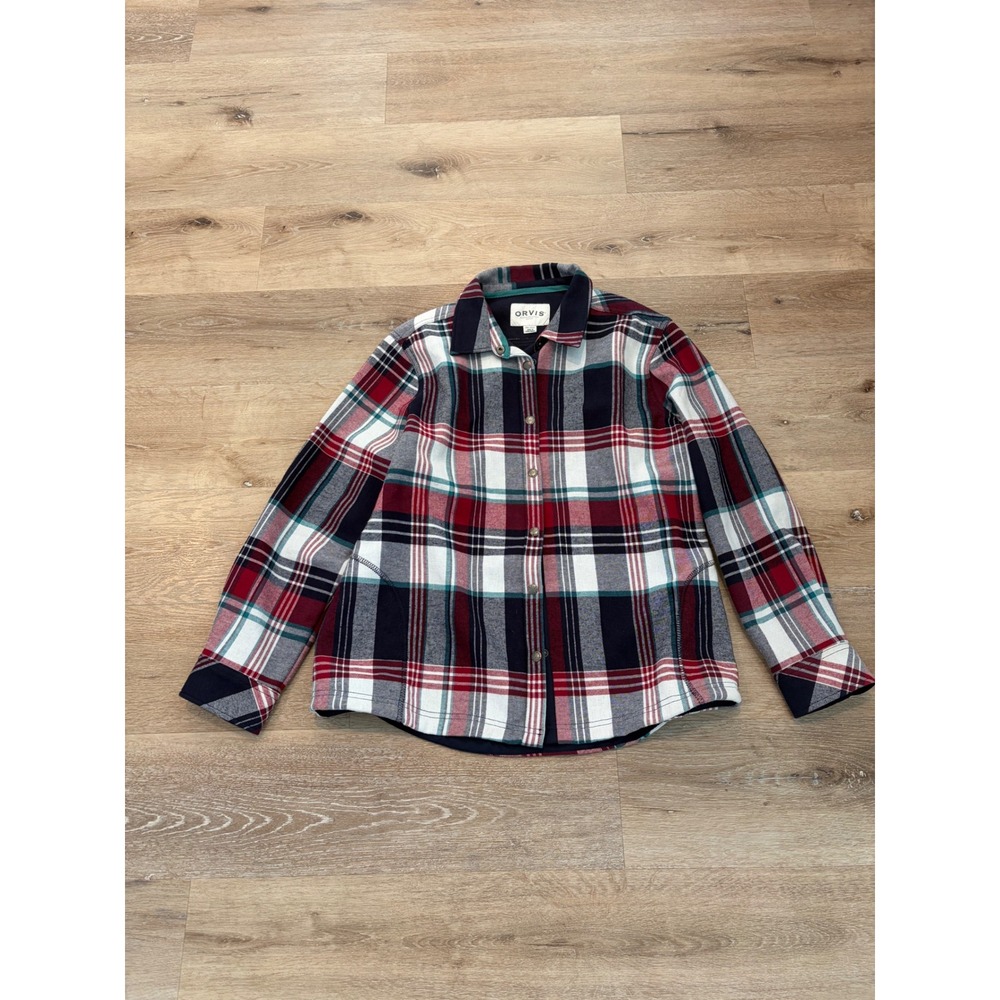 Orvis Mens Fleece Lined Flannel Shirt Jacket Red Navy Plaid Snap Front XXL